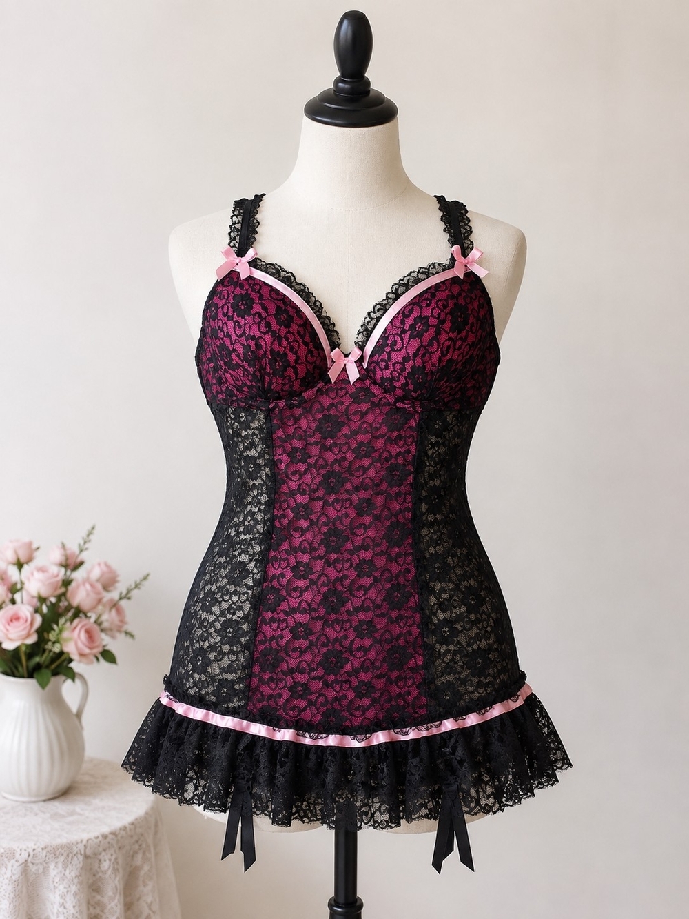 Victoria's Secret Black Lace Chemise with Fuchsia Underlay and Pink Trim